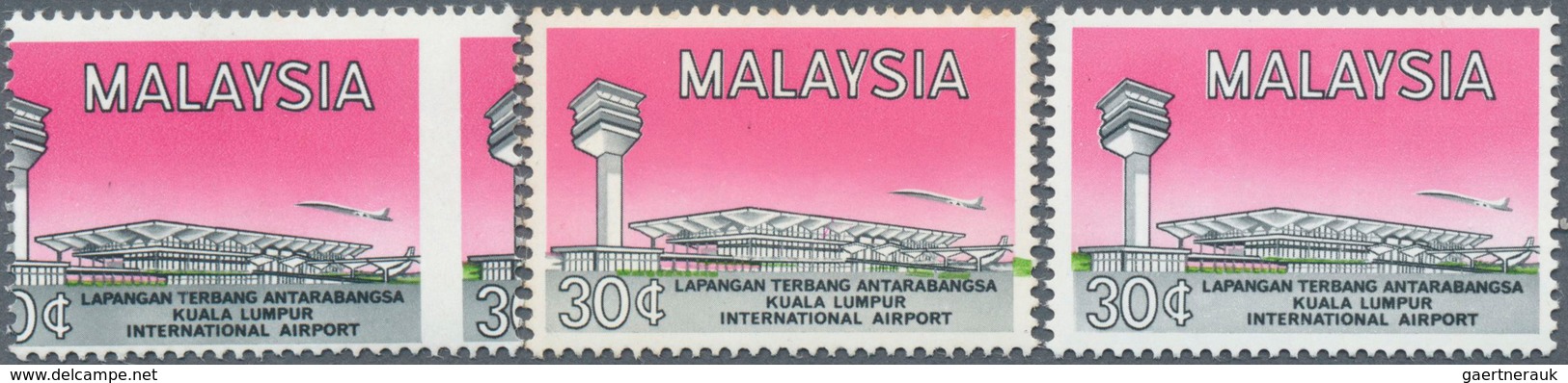 07487 Malaysia: 1965, Opening Of International Airport Kuala Lumpur 30c. Two Stamps Incl. One With SHIFTED - Malaysia (1964-...)