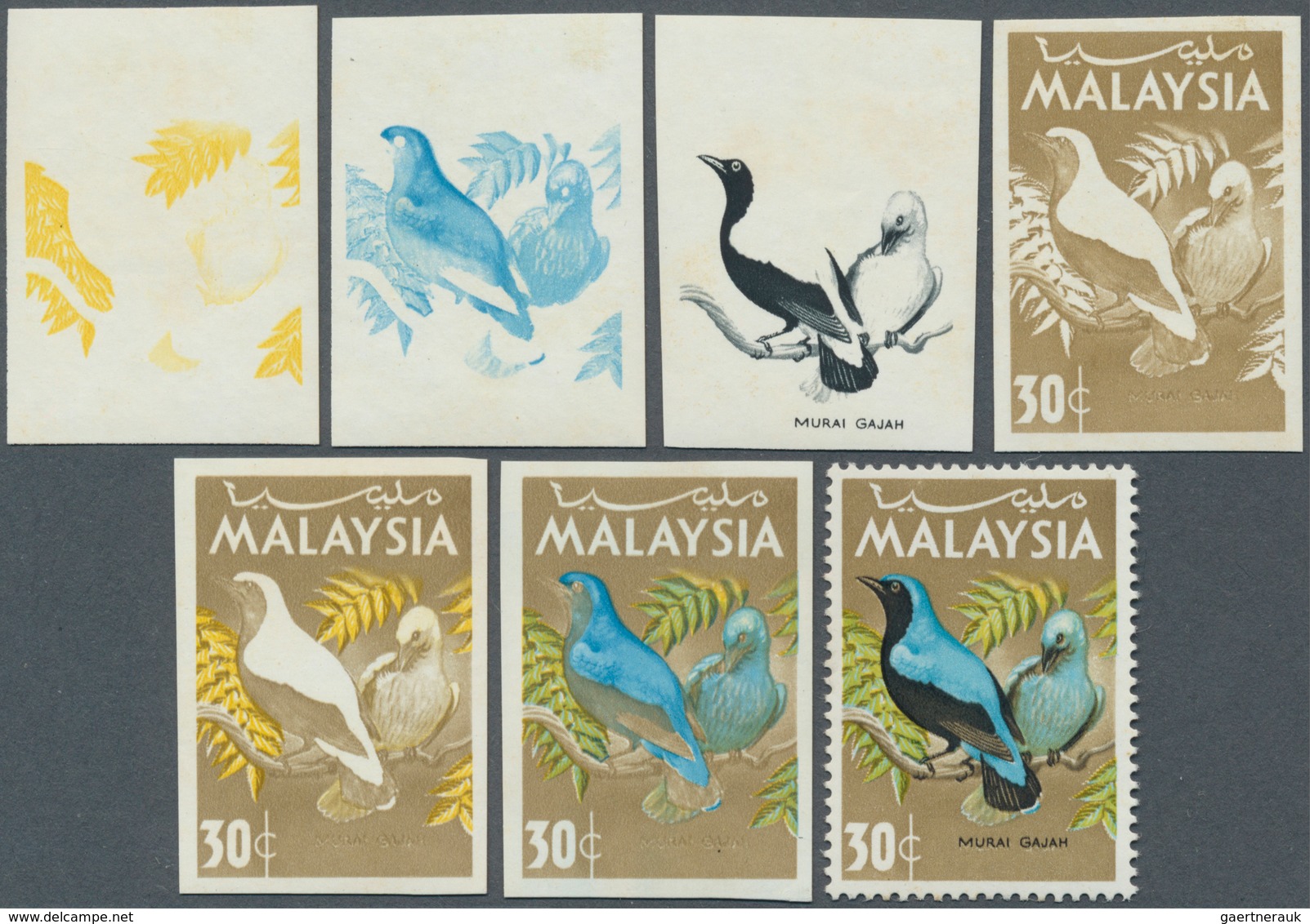 07489 Malaysia: 1965, Birds 30c. 'Blue-backed Fairy Bluebird' (Irena Puella) In Six Different Imperforate - Malaysia (1964-...)