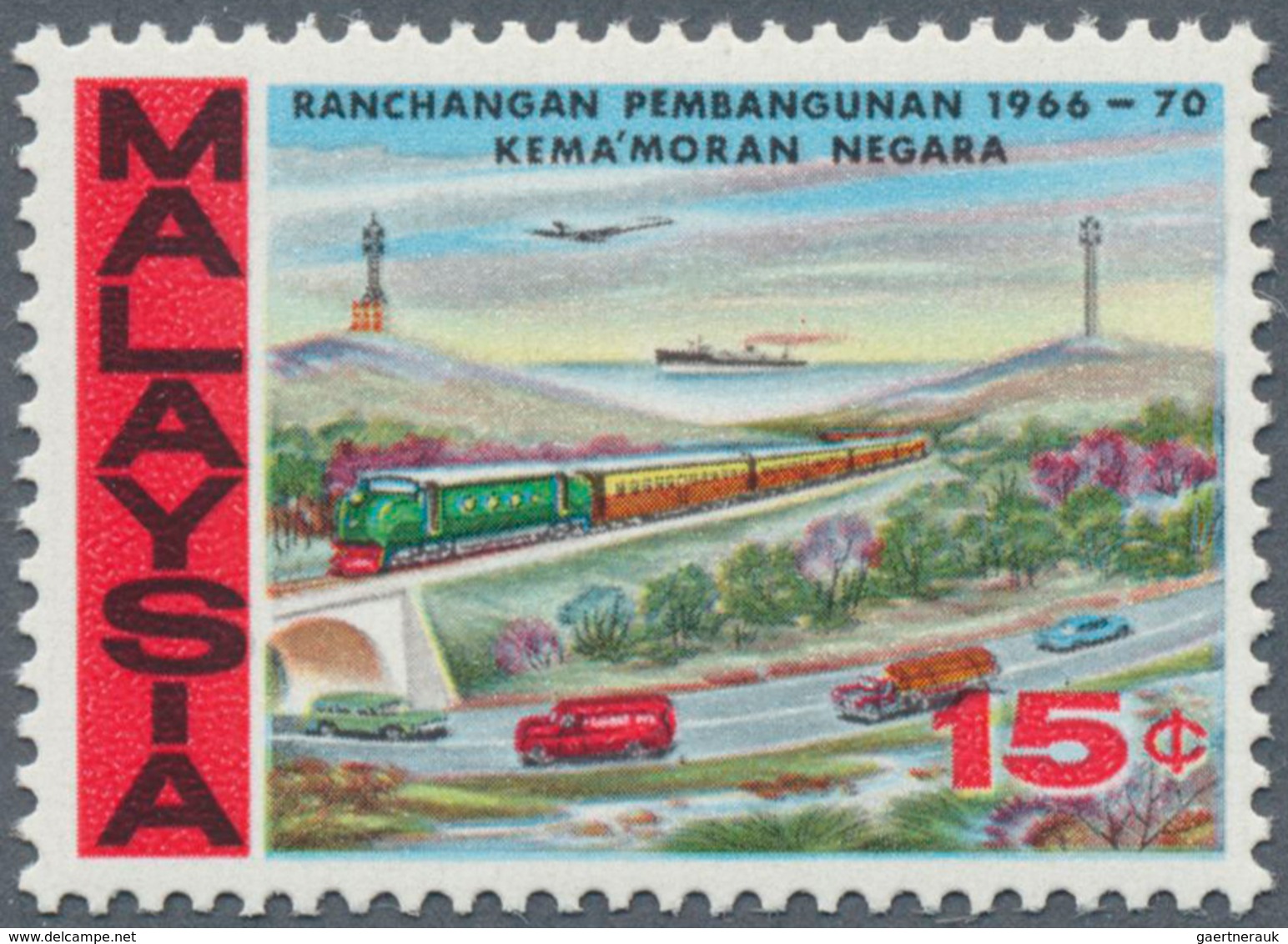 07495 Malaysia: 1966, First Malaysia Plan 15c. 'Communications (transport)' IMPERFORATE PROOF Affixed Into - Malaysia (1964-...)