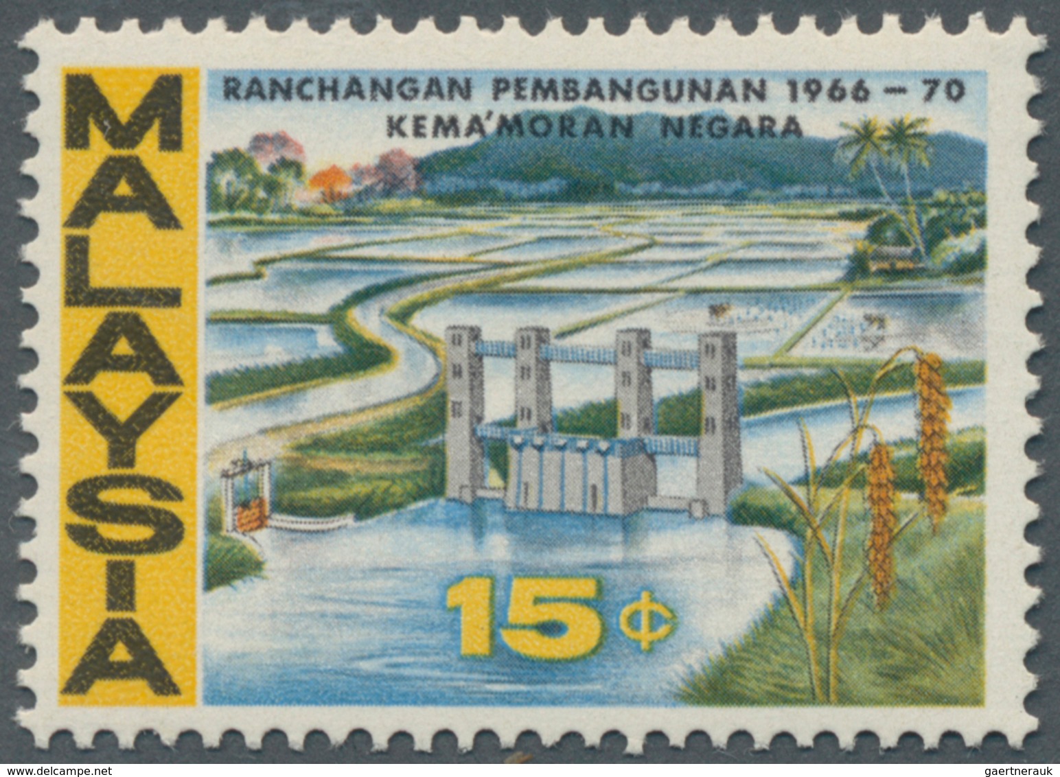 07497 Malaysia: 1966, First Malaysia Plan 15c. 'Irrigation' IMPERFORATE PROOF Affixed Into Official Presen - Malaysia (1964-...)