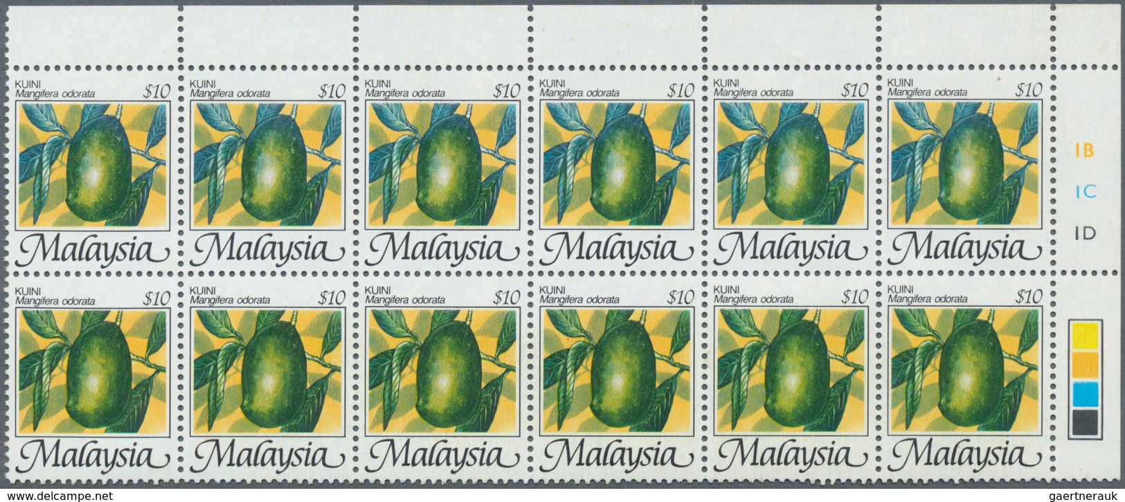 07515 Malaysia: 1986, Fruits $10 'Papaya' (Carica Papaya) Block Of 12 From Upper Right Corner With Partly - Malesia (1964-...)