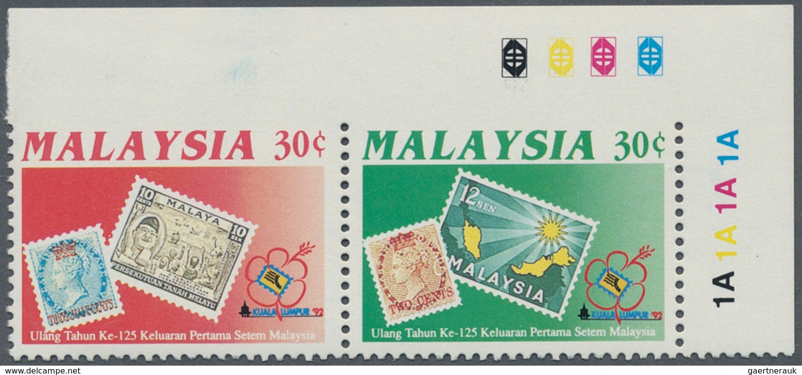 07517 Malaysia: 1992, 125 Years Of Malayan Stamps 30c. Se-tenant Pair From Upper Right Corner IMPERFORATE - Malaysia (1964-...)