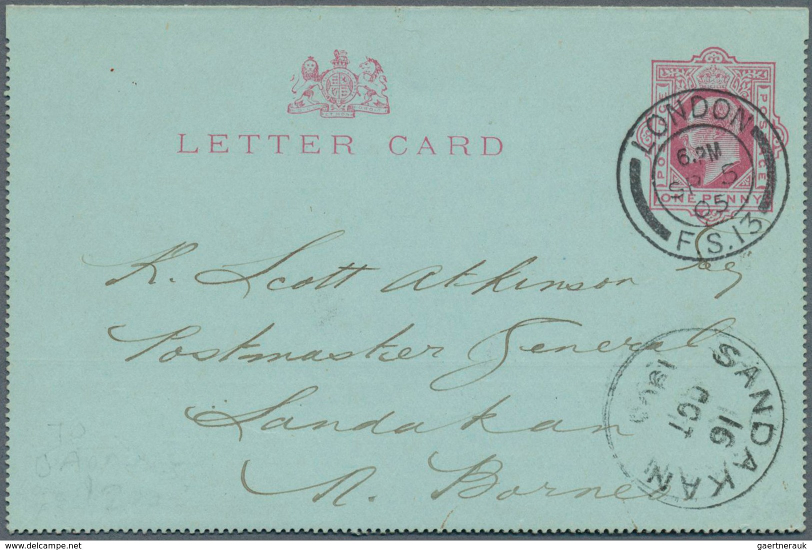 07535 Nordborneo: 1905, Incoming GB Letter Card KEVII 1d. Red "LONDON SP 5 05" To Sandakan With Arrival Ma - North Borneo (...-1963)