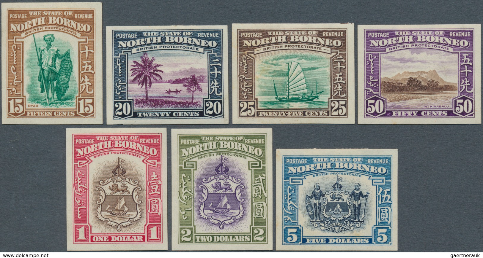 07563 Nordborneo: 1939, Pictorial And Coat Of Arms Definitives Complete Set Of 15 In IMPERFORATE PROOFS In - North Borneo (...-1963)