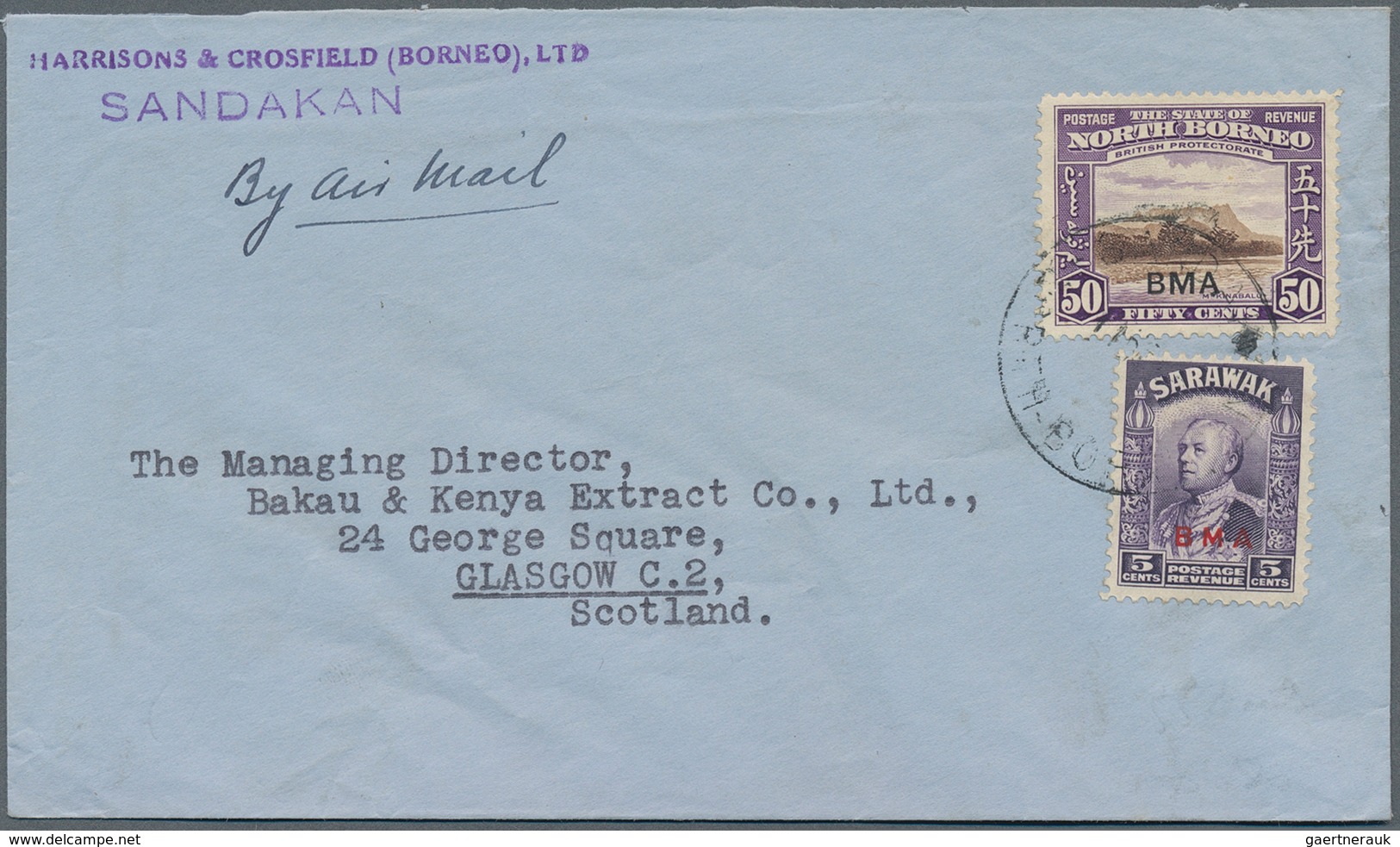 07578 Nordborneo: 1946 (11.12.), Mt. Kinabalu 50c. With BMA Opt. In Combination With Sarawak Sir Charles V - Borneo Del Nord (...-1963)