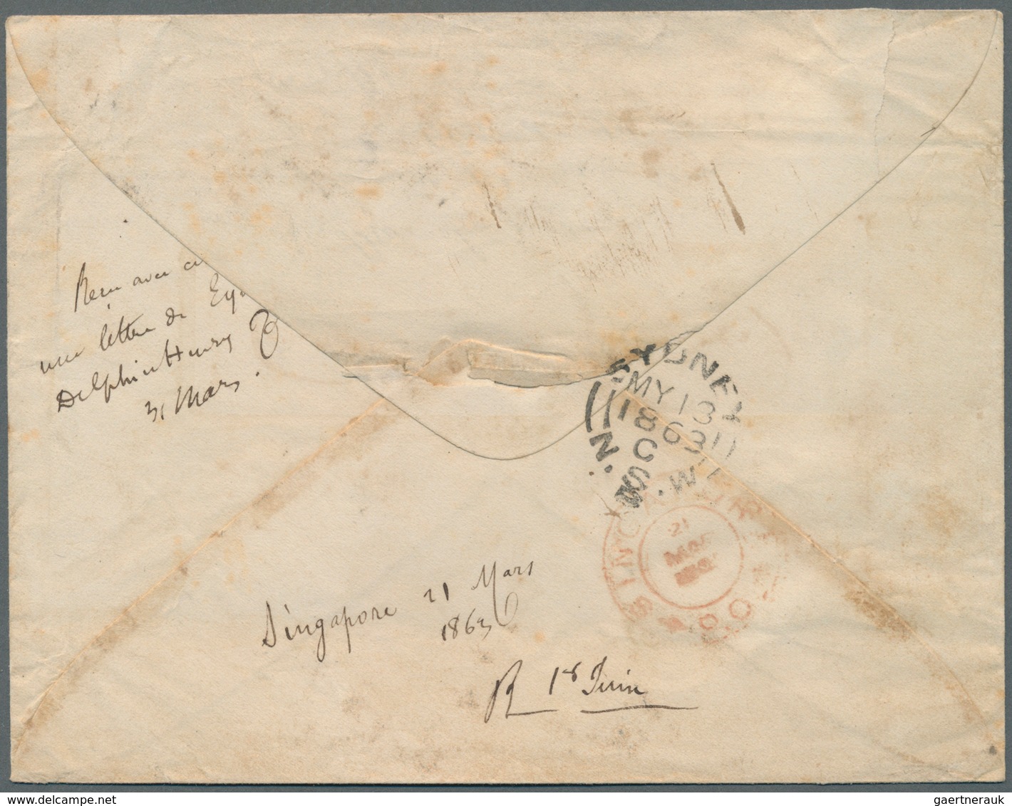 07594 Singapur: 1863. Envelope Addressed To Fort De France, New Caledonia Bearing India SG 46, 4a Grey-bla - Singapore (...-1959)