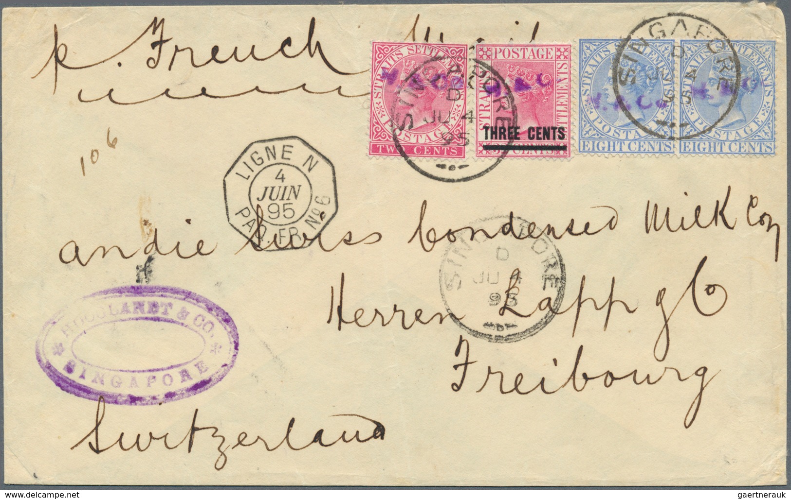 07601 Singapur: 1895 Cover From Singapore To Freiburg, Switzerland 'per French Mail' Franked By Straits Se - Singapore (...-1959)