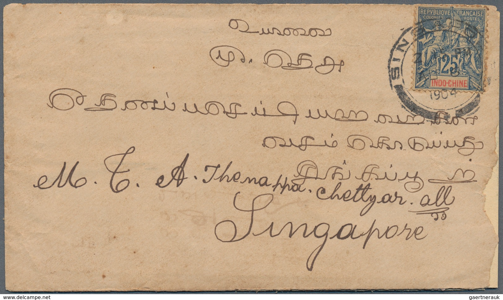 07608 Singapur: 1904, French Indochina 25 C Blue/red Allegory, Single Franking On Cover Posted On Board A - Singapur (...-1959)