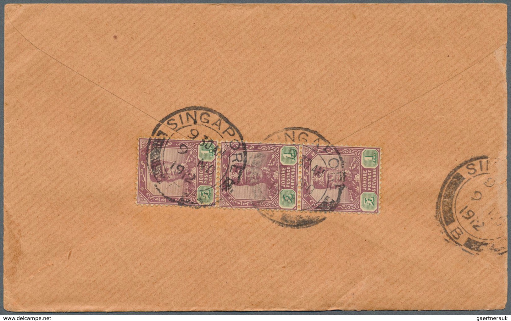 07615 Singapur: 1912, 1c Johore Definitives In Vertical Strip Of Three With Singapore Double Ring On Back - Singapore (...-1959)