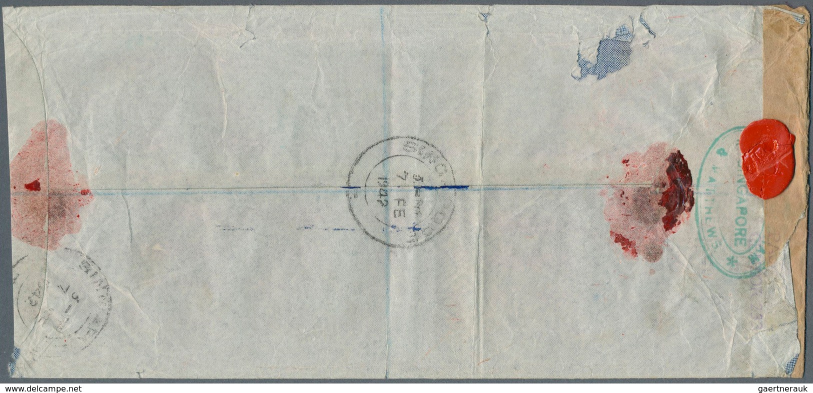 07728 Singapur: 1942 (7.2.), Straits Settlements KGVI $2 Green/scarlet And 15c. Ultramarine Used On Regist - Singapore (...-1959)