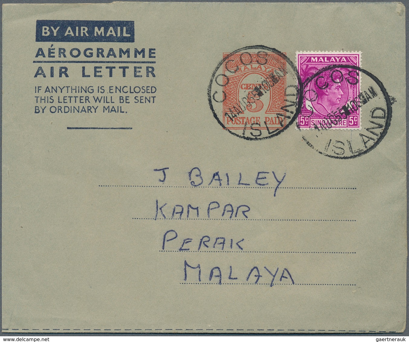 07760 Singapur: 1955 (14.8.), KGVI 5c. Purple Used On Airletter With Stamp Impression 'Malaya 5 Cents Post - Singapore (...-1959)
