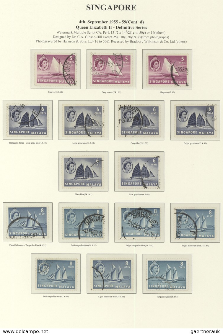 07764 Singapur: 1955/1959, Defintives QEII, 1c. - $5, Set Of 89 Stamps Incl. Shades, Neatly Cancelled. - Singapour (...-1959)