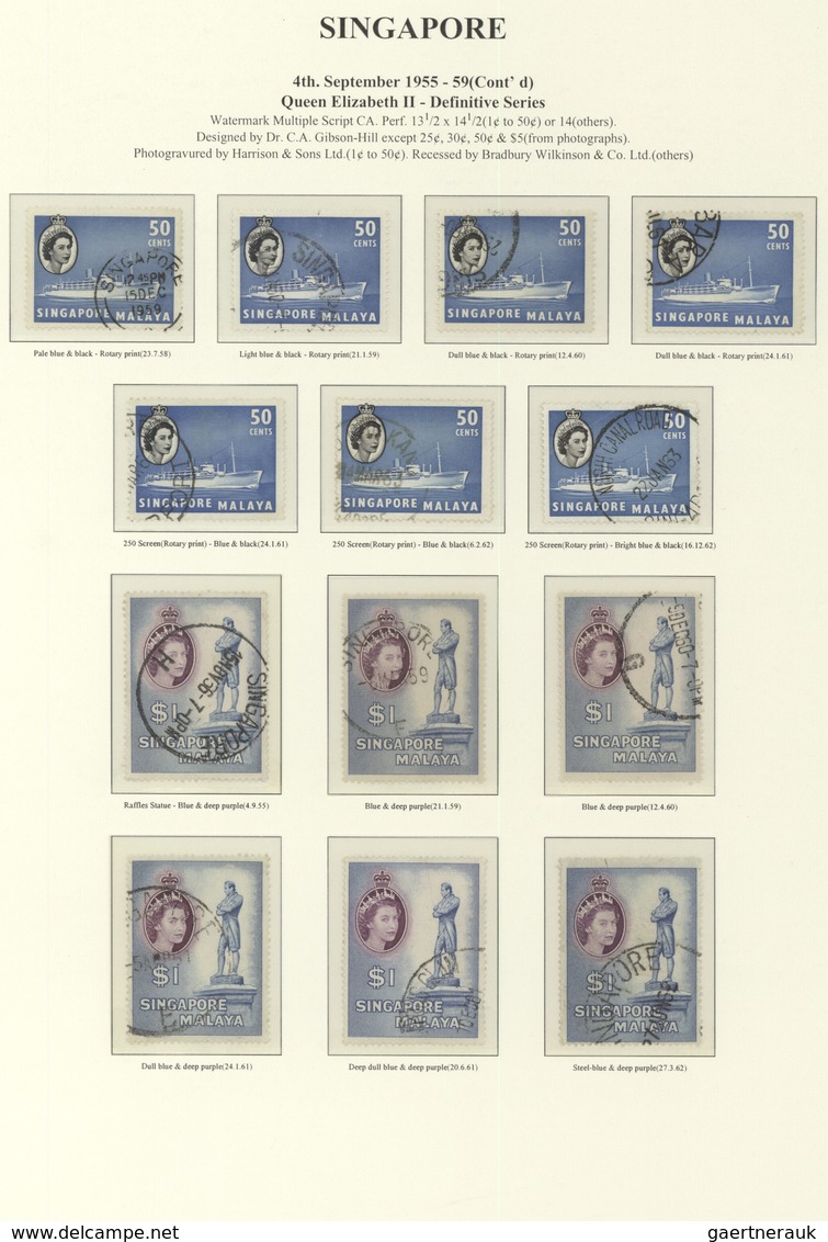 07764 Singapur: 1955/1959, Defintives QEII, 1c. - $5, Set Of 89 Stamps Incl. Shades, Neatly Cancelled. - Singapour (...-1959)