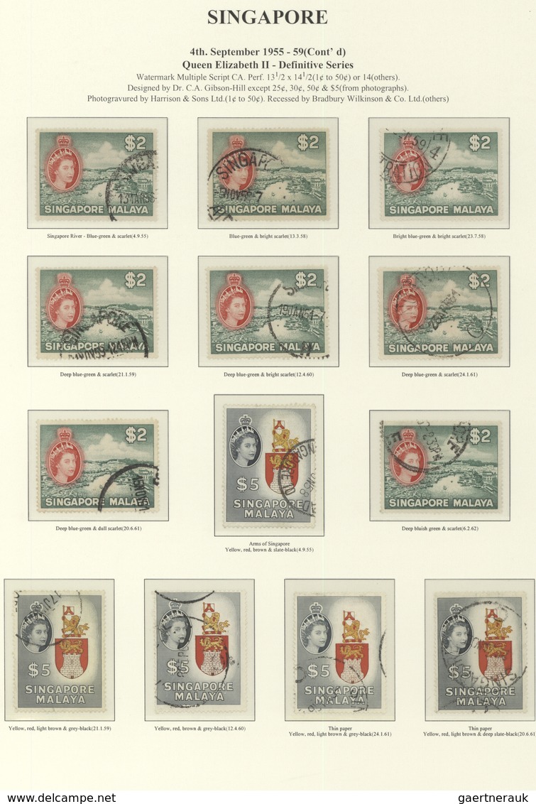 07764 Singapur: 1955/1959, Defintives QEII, 1c. - $5, Set Of 89 Stamps Incl. Shades, Neatly Cancelled. - Singapour (...-1959)