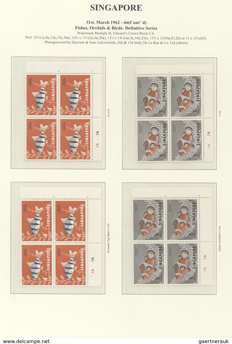 07766 Singapur: 1962/1969, Definitives "Fishes, Orchids & Birds", 1c. - $5, Set Of 32 Plate Blocks (differ - Singapore (...-1959)