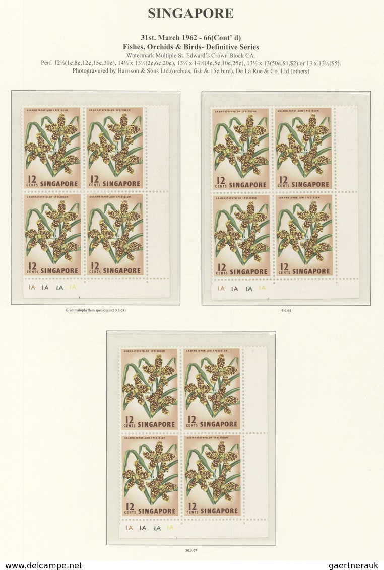 07766 Singapur: 1962/1969, Definitives "Fishes, Orchids & Birds", 1c. - $5, Set Of 32 Plate Blocks (differ - Singapore (...-1959)