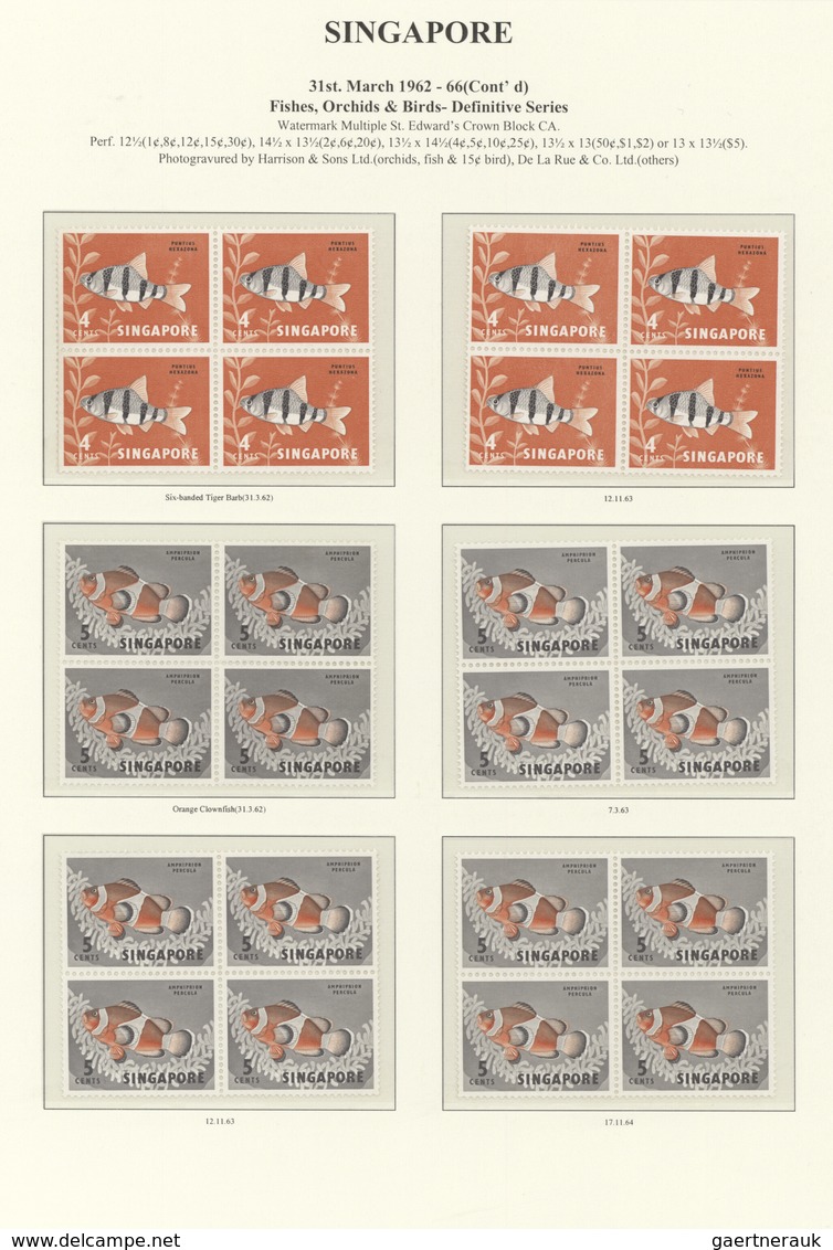 07767 Singapur: 1962/1969, Definitives "Fishes, Orchids & Birds", 1c. - $5, Set Of 33 Blocks Of Four (diff - Singapore (...-1959)