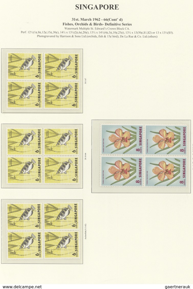 07767 Singapur: 1962/1969, Definitives "Fishes, Orchids & Birds", 1c. - $5, Set Of 33 Blocks Of Four (diff - Singapore (...-1959)