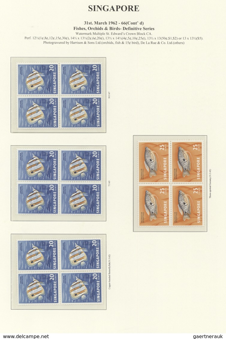 07767 Singapur: 1962/1969, Definitives "Fishes, Orchids & Birds", 1c. - $5, set of 33 blocks of four (diff