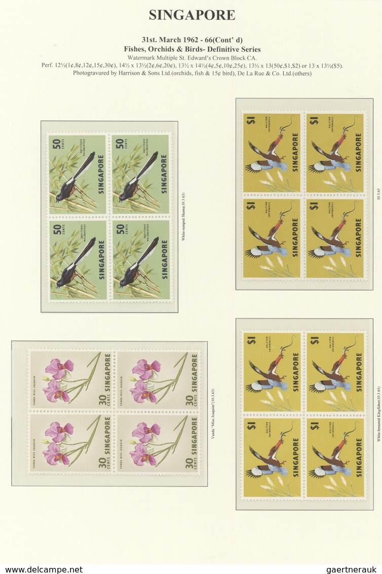 07767 Singapur: 1962/1969, Definitives "Fishes, Orchids & Birds", 1c. - $5, set of 33 blocks of four (diff
