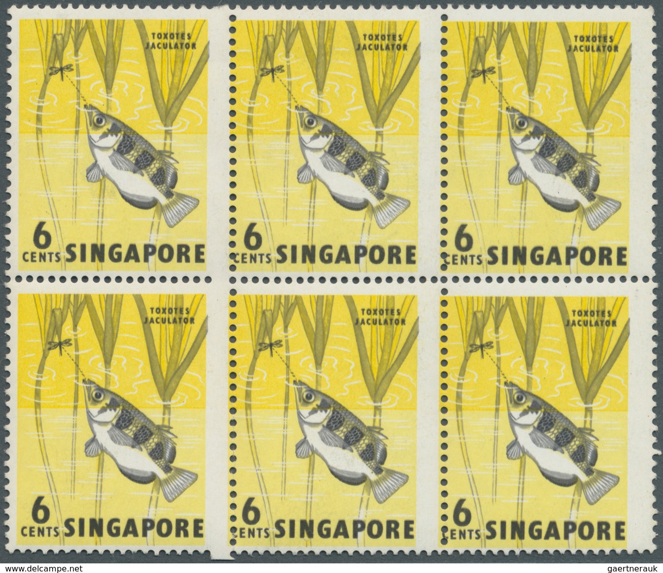 07770 Singapur: 1962, Definitive Issue 6c. 'Archerfish' Block Of Six With Grossly Misplaced Vertical Perfo - Singapore (...-1959)