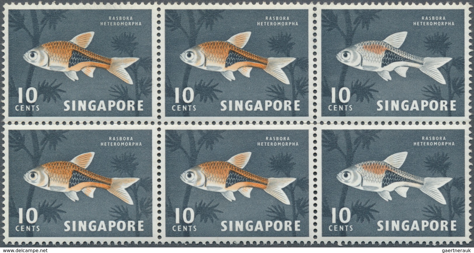 07771 Singapur: 1962, Definitive Issue 10c. 'Harlequinfish' Block Of Six With RED-ORANGE Partially OMITTED - Singapore (...-1959)