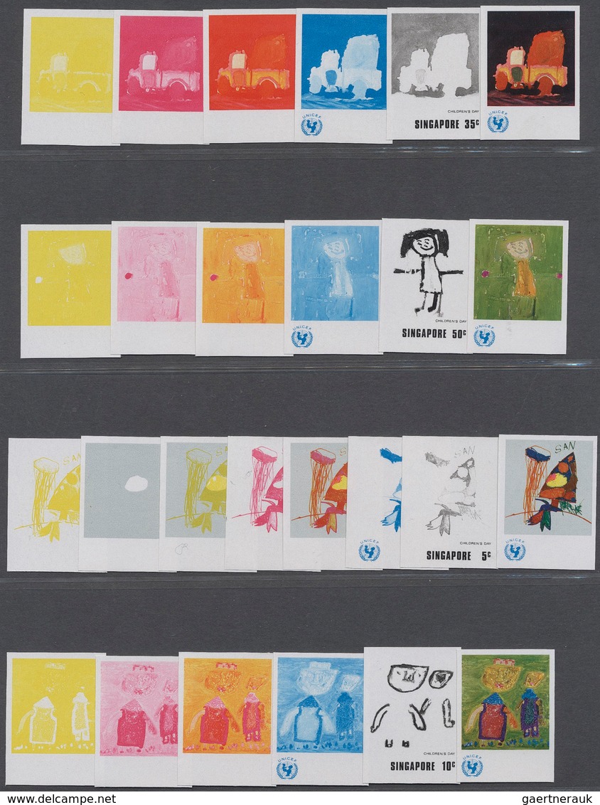 07783 Singapur: 1974, UNICEF - CHILDREN'S DAY - 26 Items; Progressive Plate Proofs For The Set, 26 Stamps. - Singapore (...-1959)