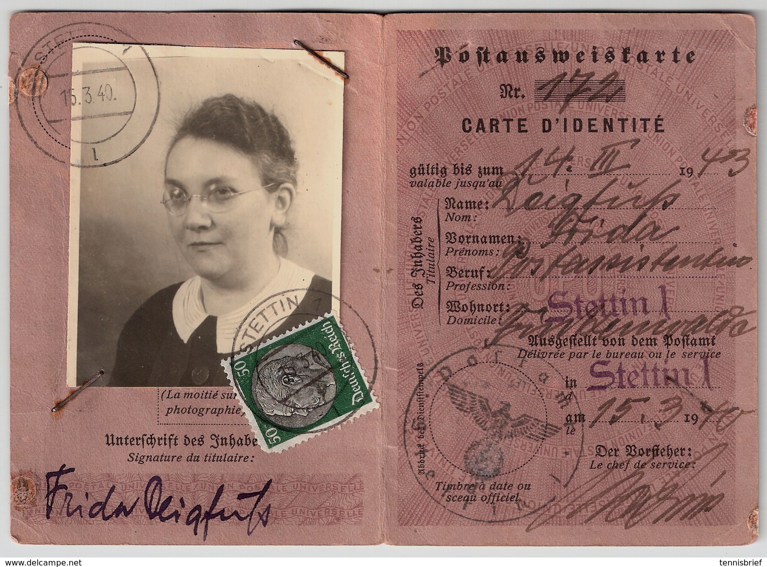 DR, 1940, 50 Pfg. " Stetin " Postausweis ,  #a349 - Briefe U. Dokumente