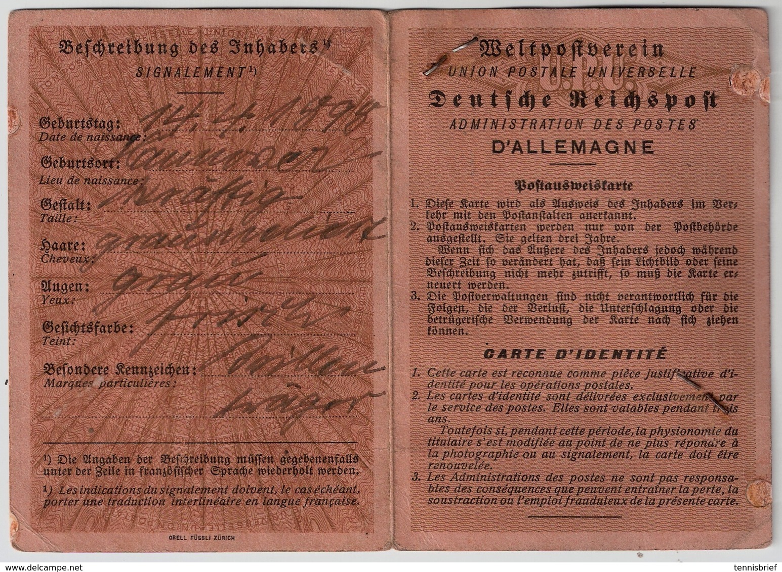 DR, 1940, 50 Pfg. " Stetin " Postausweis ,  #a349 - Briefe U. Dokumente