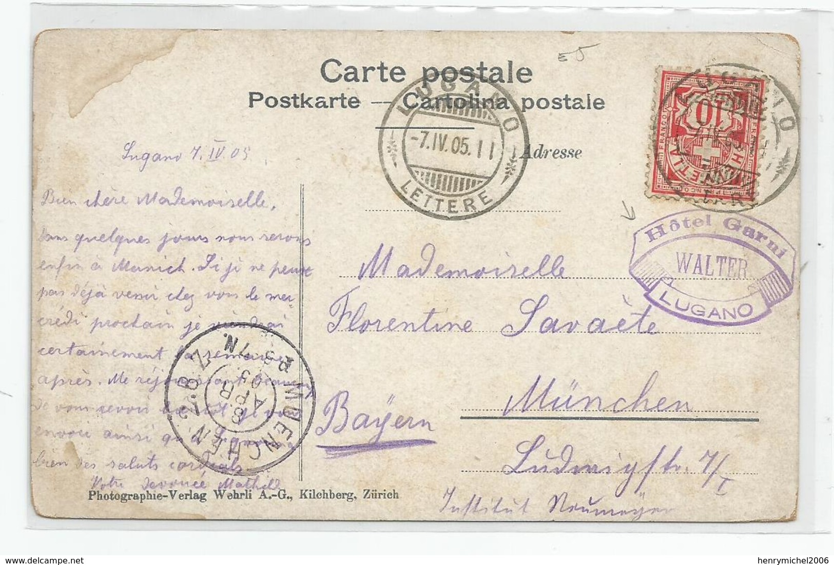 Suisse Tessin Lugano Cachet Hotel Garni Walter 1905 - Lugano