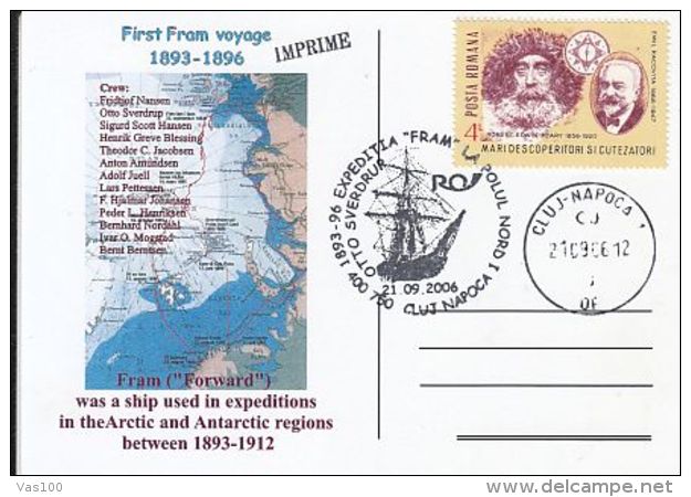 ARCTIC EXPEDITIONS, FRAM SHIP FIRST VOYAGE, NANSEN, SPECIAL POSTCARD, 2006, ROMANIA - Arctische Expedities