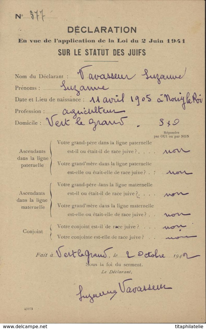 Guerre 39 Nazi Déclaration Notariale Commissariat Question Juive Confiscation Bien Juif Judaica Loi 1941 Vert Le Grand - Documents Historiques