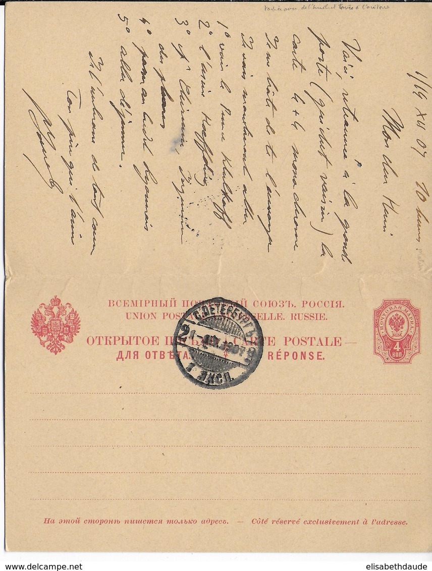 1907 - RUSSIE - RARE CARTE ENTIER POSTAL AVEC REPONSE PAYEE De ST PETERSBOURG => NICE - Postwaardestukken