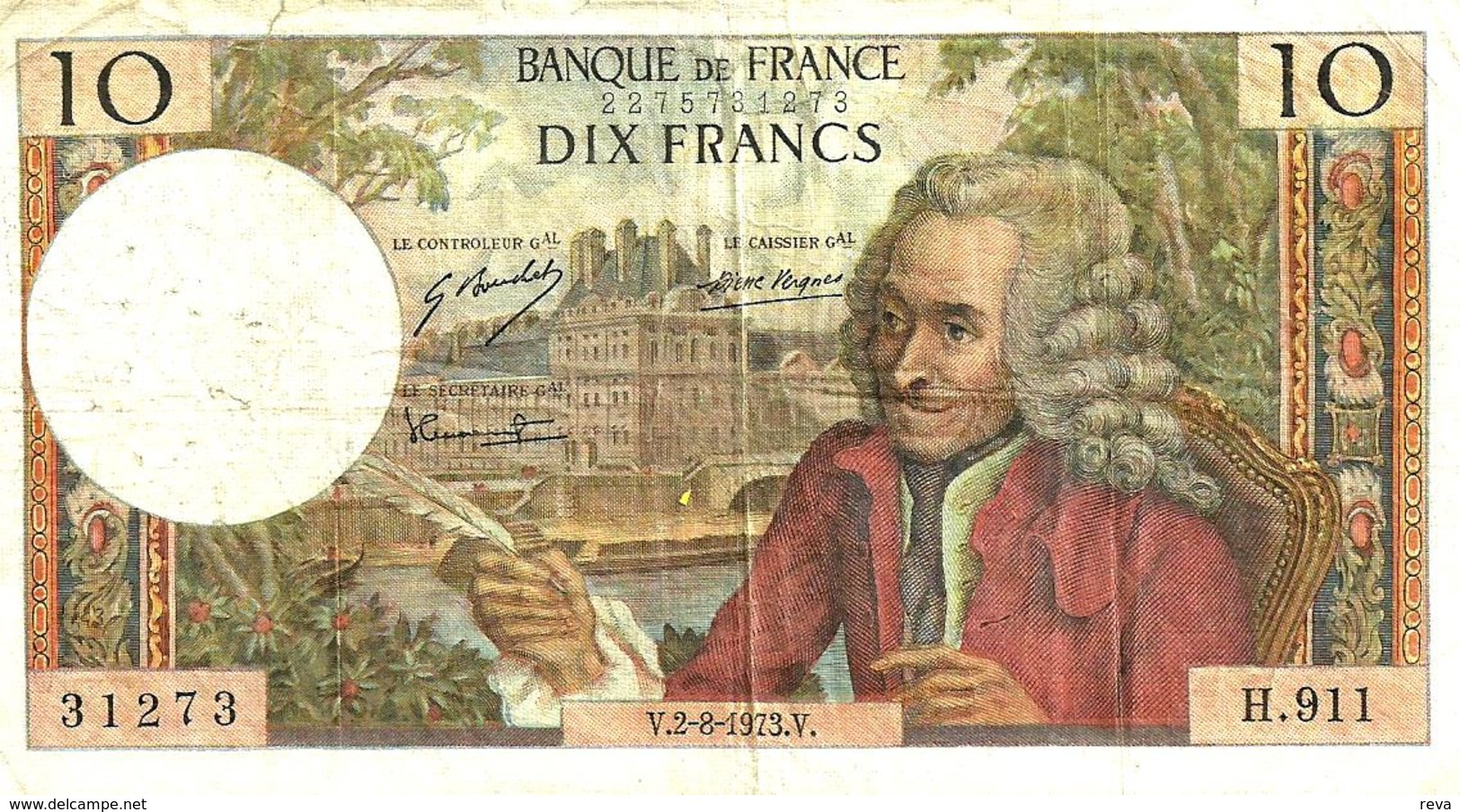 FRANCE 10 FRANCS RED MAN VOLTAIRE FRONT & MOTIF BACK #M DATED 02-08-1973 P147d F+ READ DESCRIPTION !! - 10 F 1963-1973 ''Voltaire''