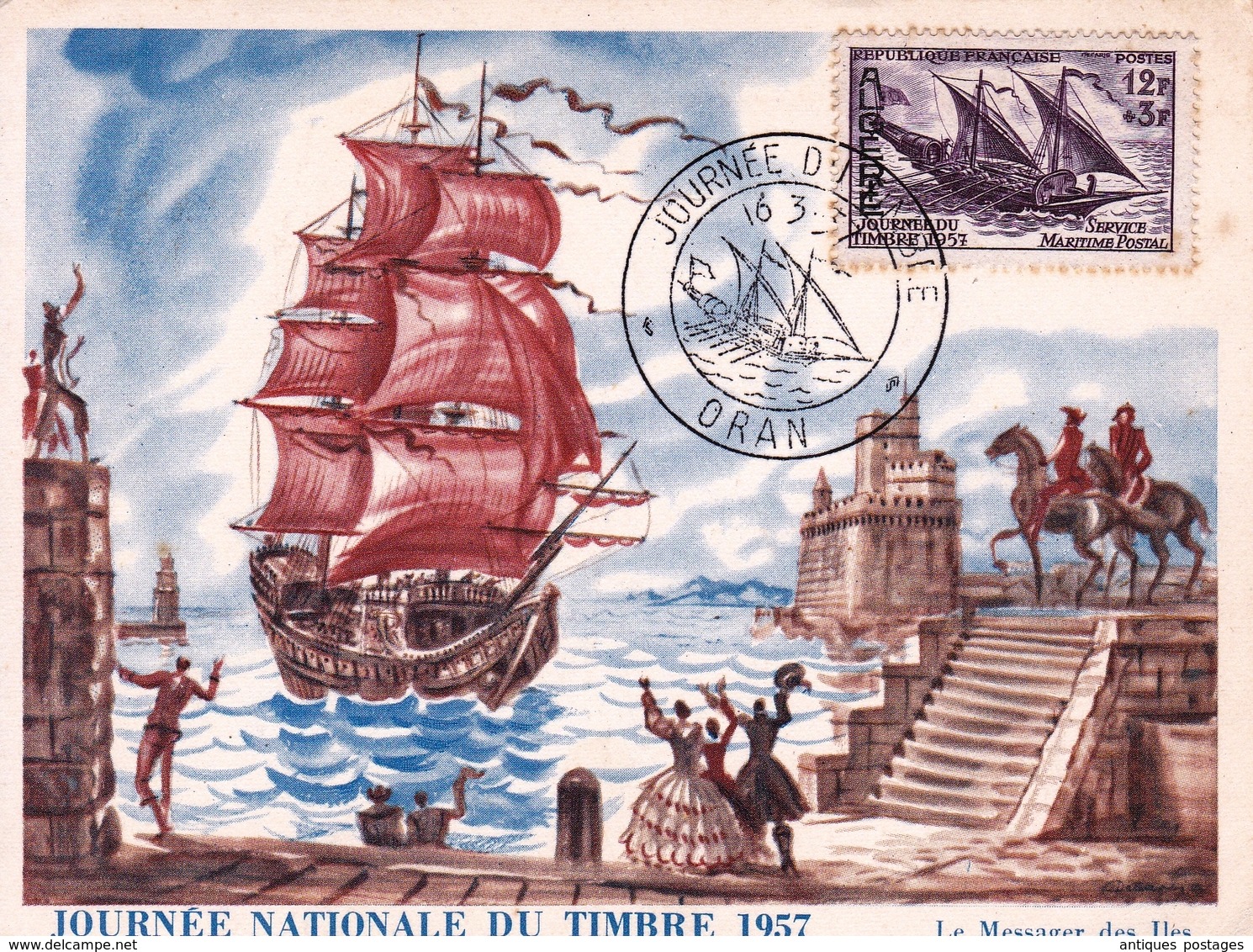 Carte Postale Algérie Oran 1957 Service Maritime Postal Le Messager Des Îles - Cartes-maximum