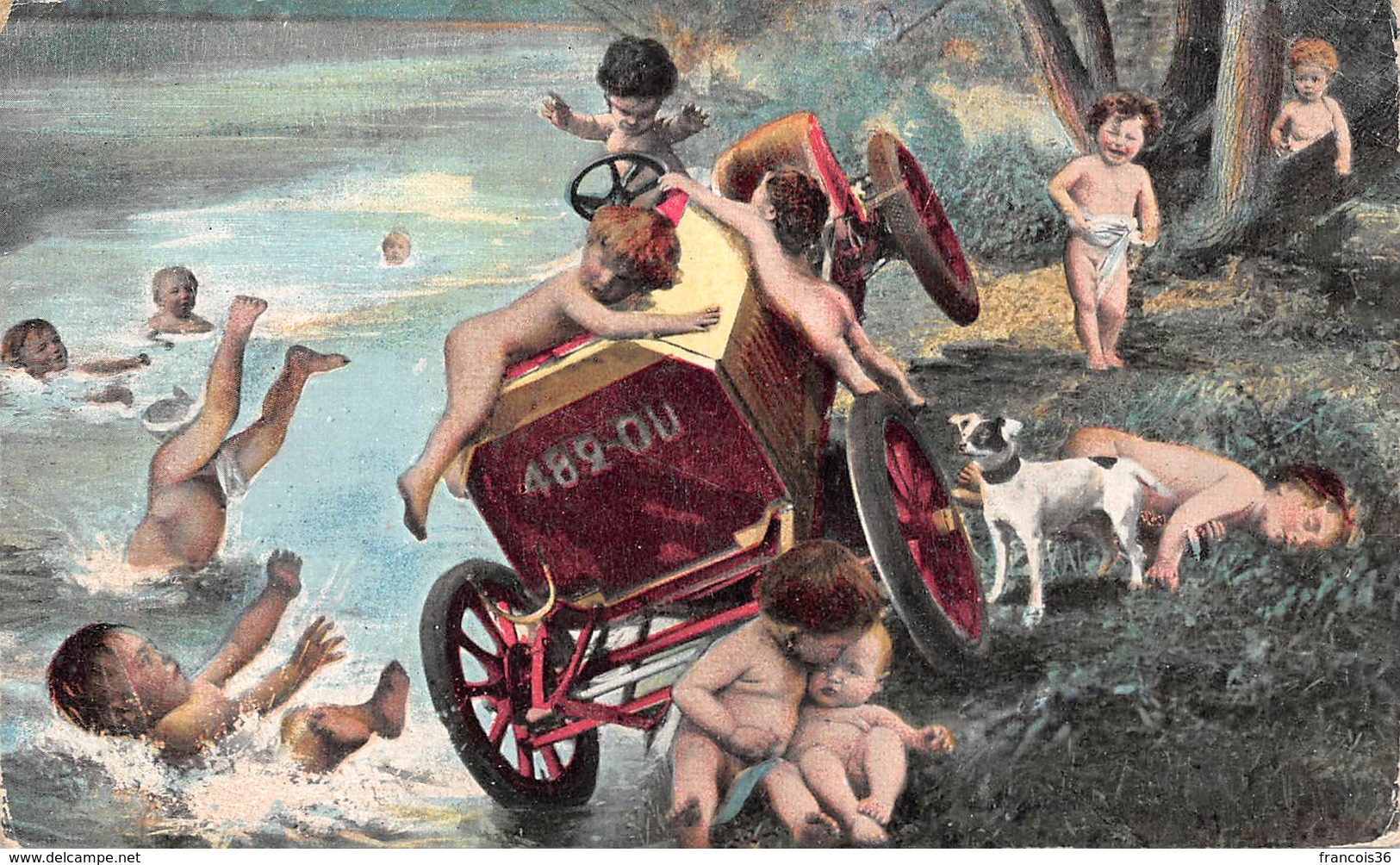 Illustration -  Voiture Ancienne Automobile Dans L'eau Enfants - 1900-1949