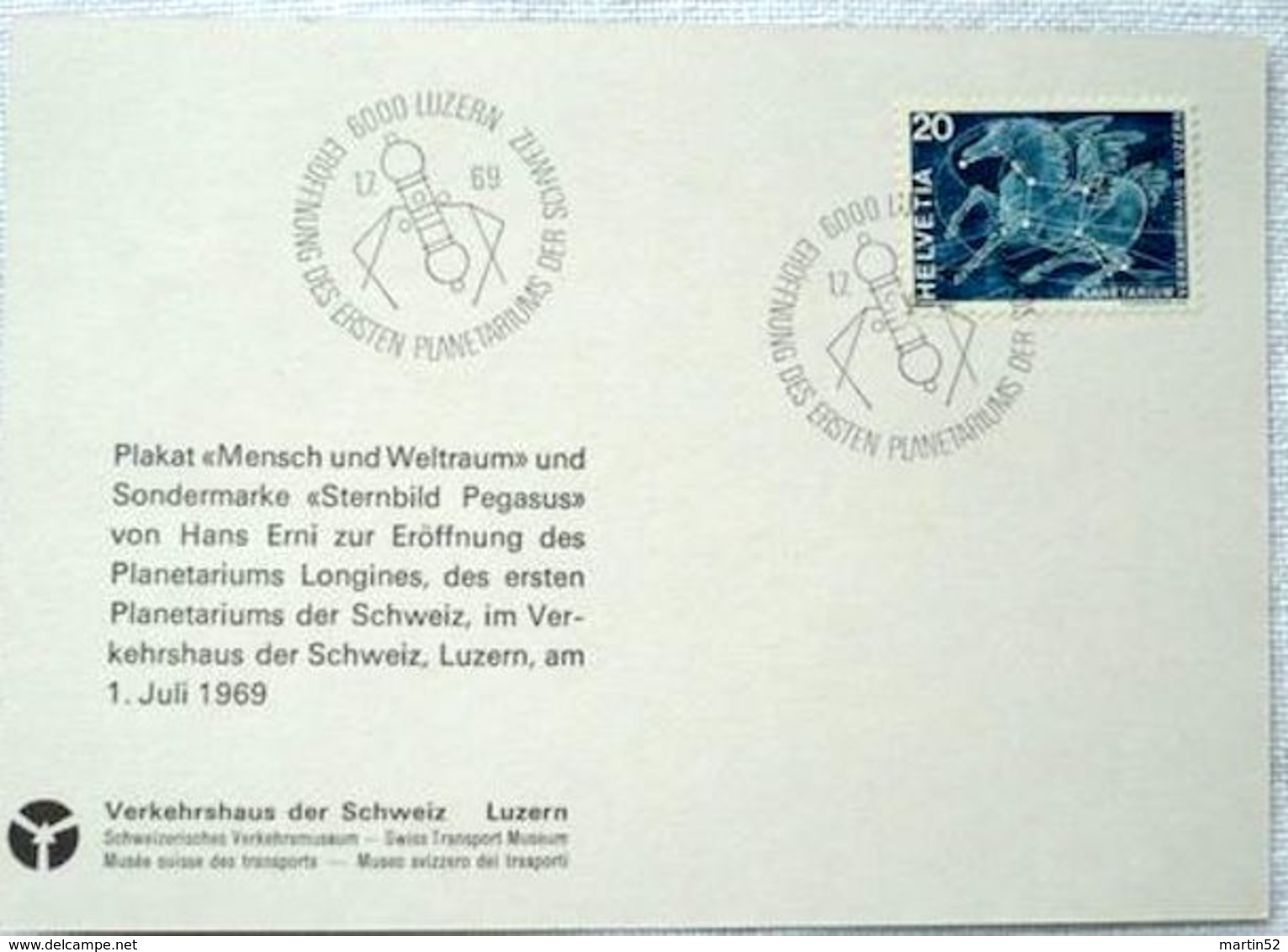 Suisse 1969: "Pegasus" De Hans Erni (carte & Cachet) Zu 462 Mi 896 Yv 829 O LUZERN 1.7.69 PLANETARIUM - Mythologie