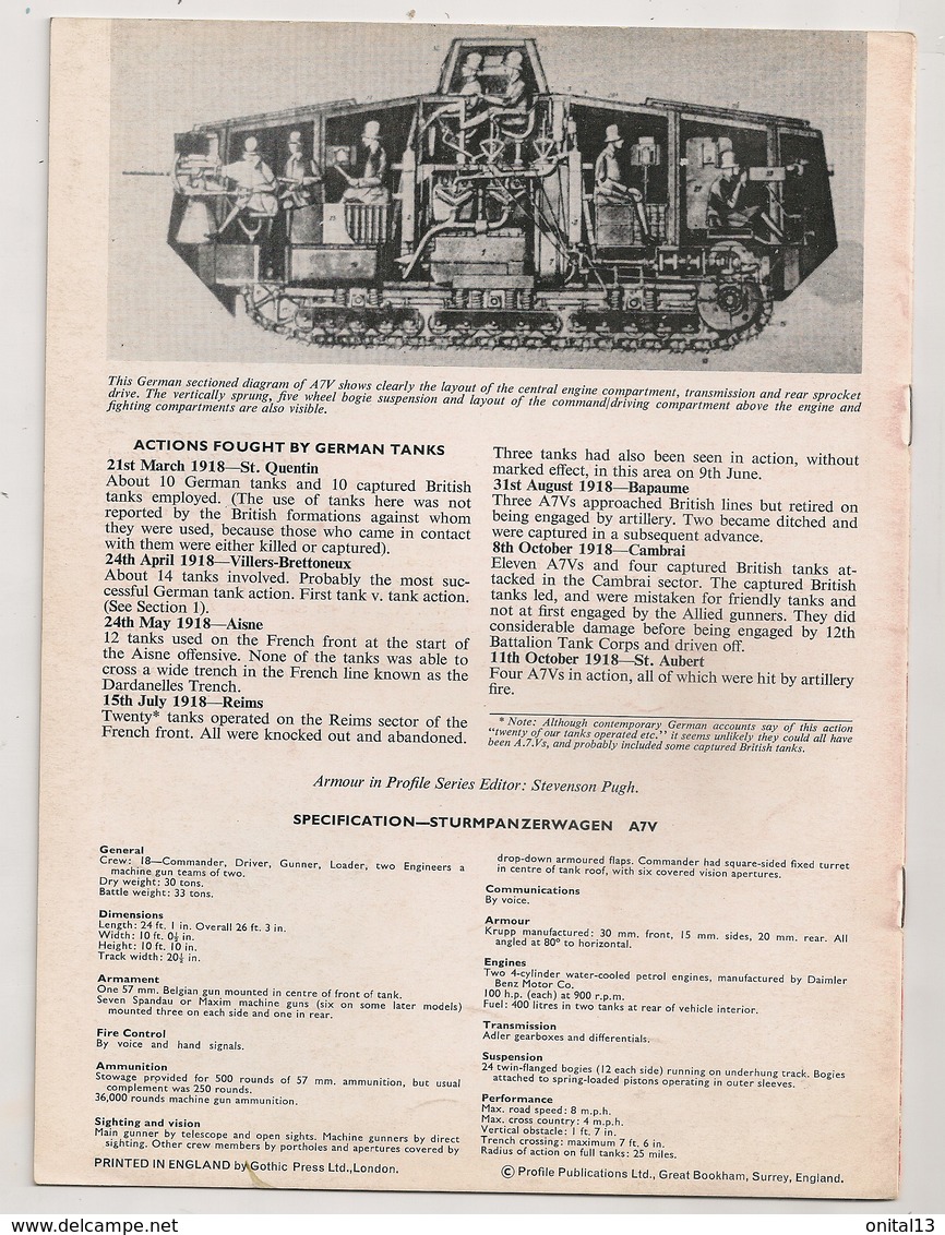 ARMOUR IN PROFILE NUMBER 7  A7V STURMPANZERWAGEN    MILITARIA - Anglais