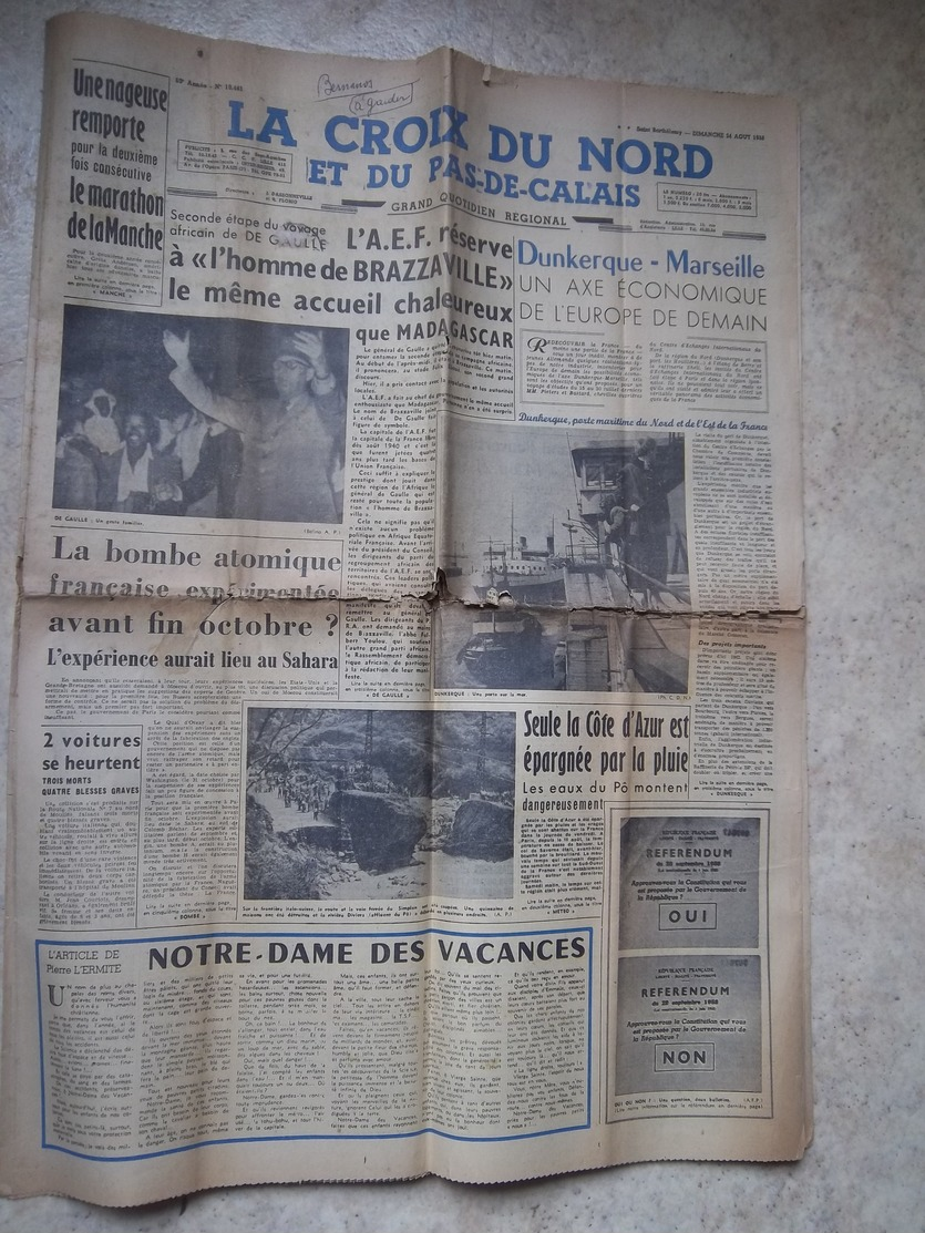 "la Croix Du Nord" Du 24 Aout 1958 - Documents Historiques