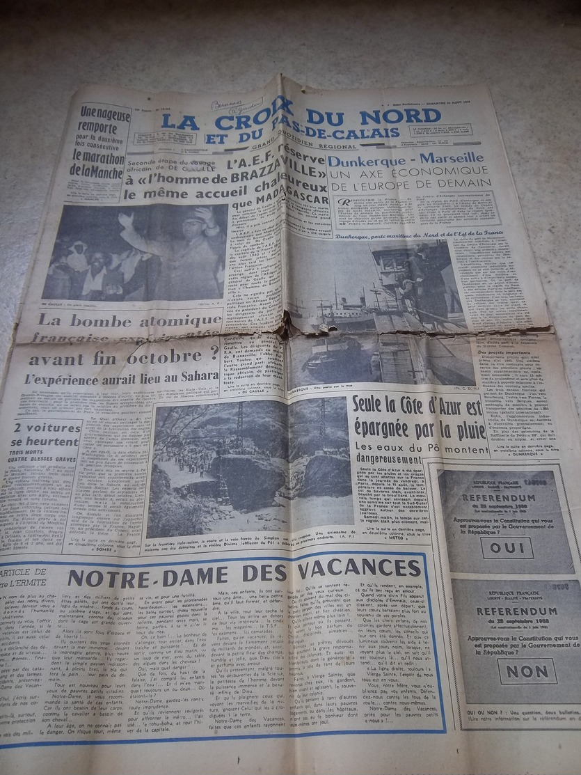 "la Croix Du Nord" Du 24 Aout 1958 - Documents Historiques