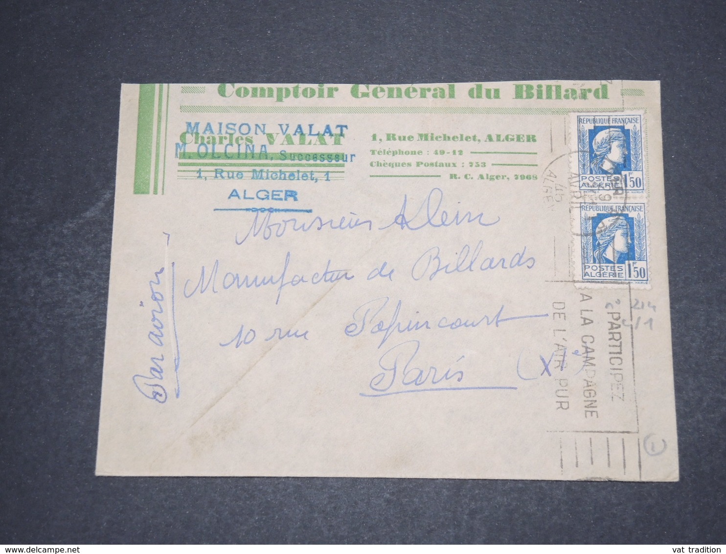 ALGÉRIE - Enveloppe Commerciale ( Billard ) De Alger Pour Paris En 1946  - L 16261 - Lettres & Documents