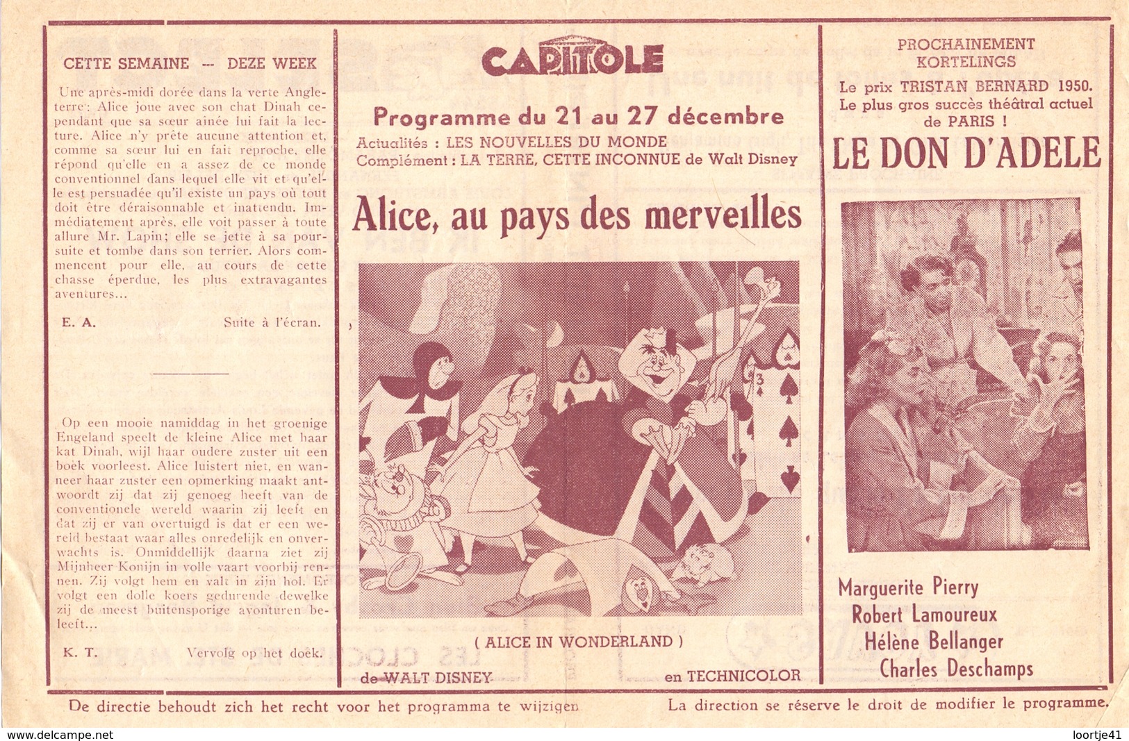 Ciné Cinema Pub Reclame Film - Programma Ciné Capitole Gent - Savoy - Select - Alice In Wonderland - Cinema Advertisement