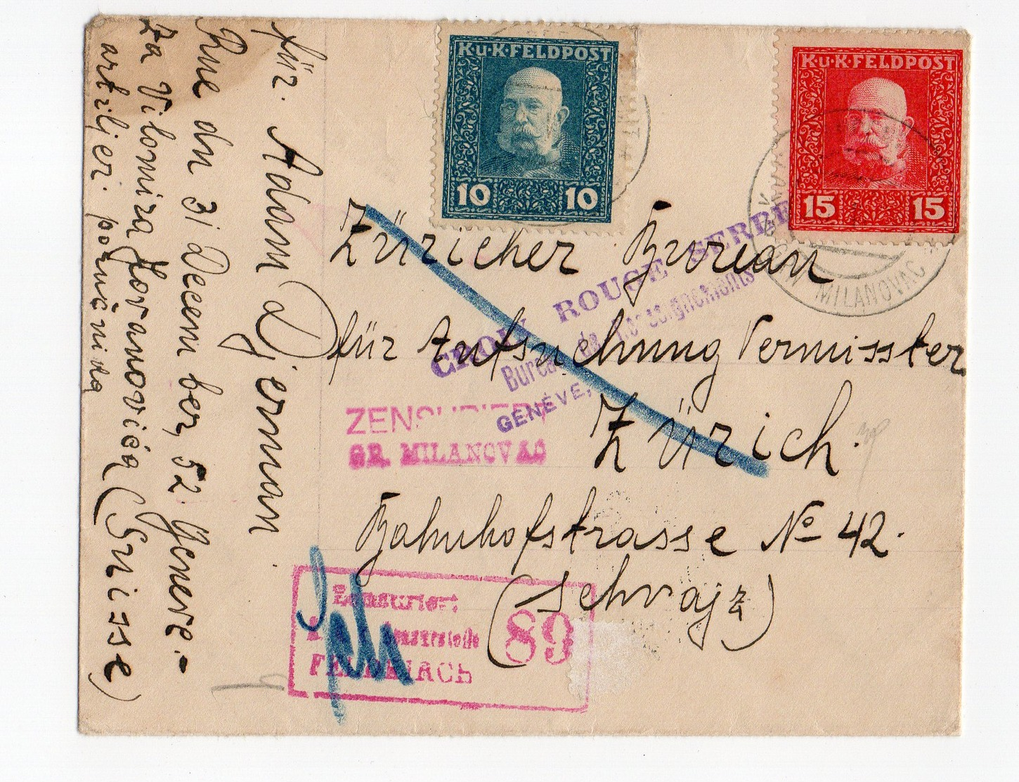 Osterreich Feldpost Veldpostbrief 1917 To Zurich With 2 Censuurmerken Censorship + Red Cross Serbe Bureau Geneve - Brieven En Documenten