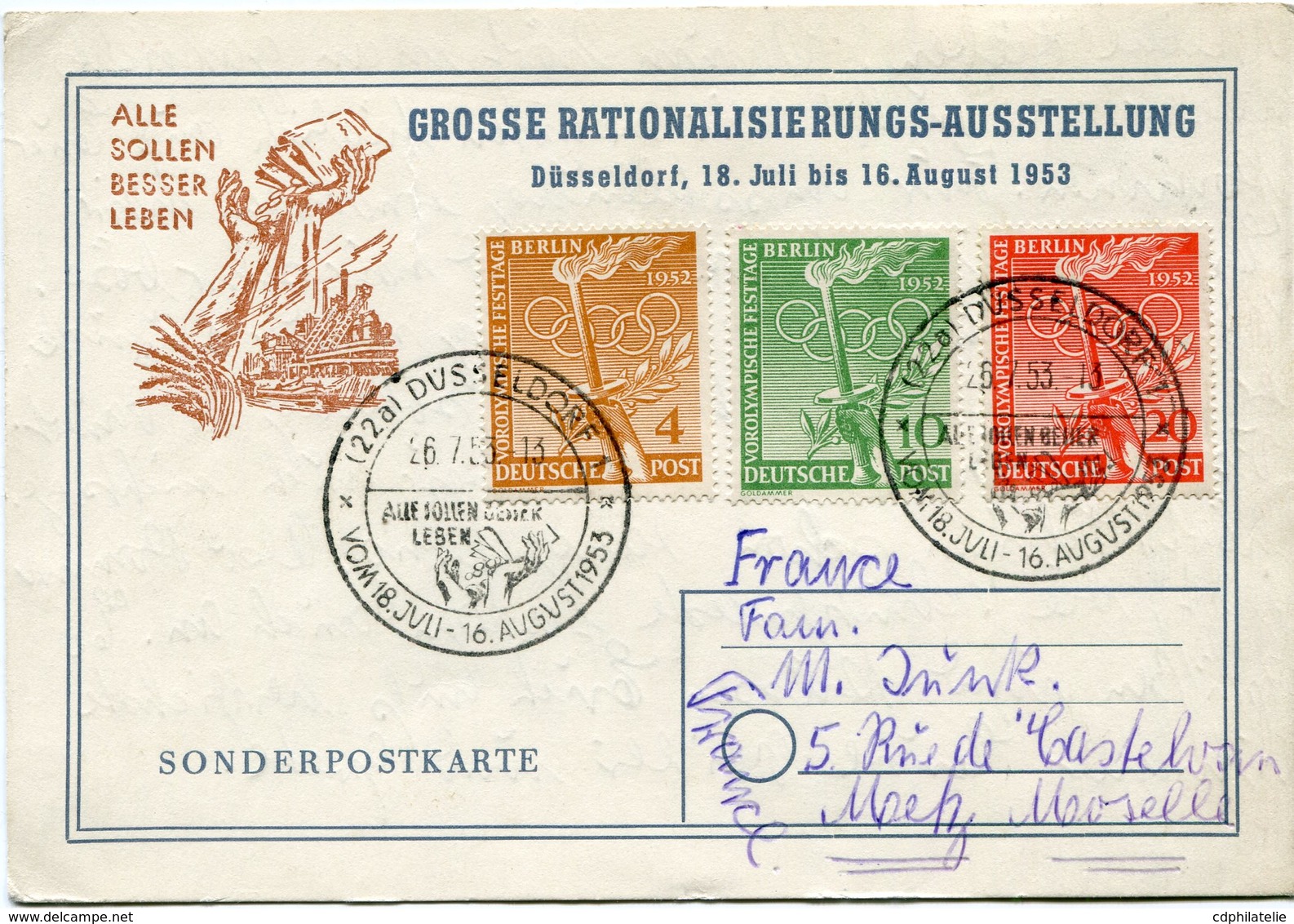 BERLIN THEME J. O. CARTE POSTALE AFFRANCHIE AVEC LES N°74/76 JEUX OLYMPIQUES D'HELSINKI OBLITERATION DUSSELDORF 26-7-53 - Verano 1952: Helsinki