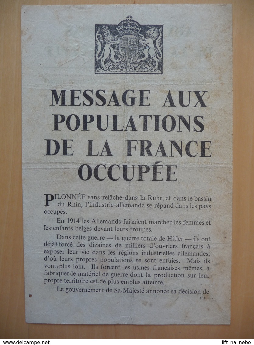 WWII WW2 Tract Flugblatt Propaganda Leaflet In French, EH(F).103, MESSAGE AUX POPULATIONS DE LA FRANCE OCCUPÉE - Non Classés