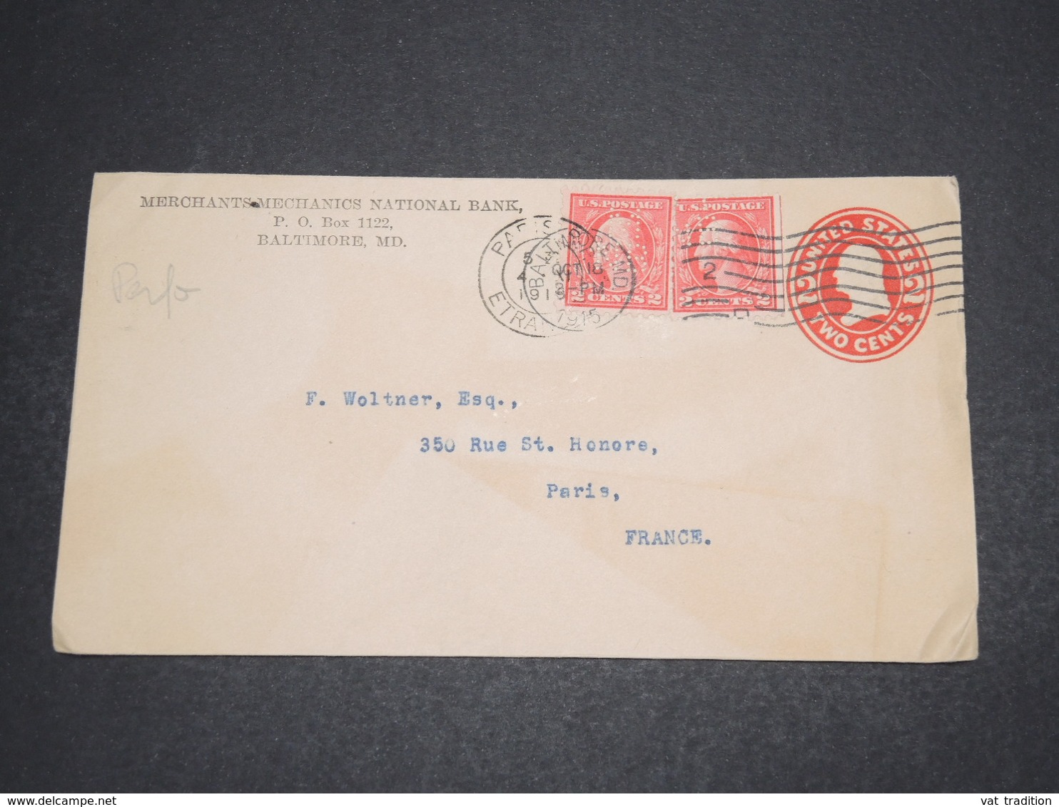 ETATS UNIS - Entier Postal Commerciale+ Compléments Pour La France En 1915 , Timbres Perforés MNB - L 16291 - Zähnungen (Perfins)