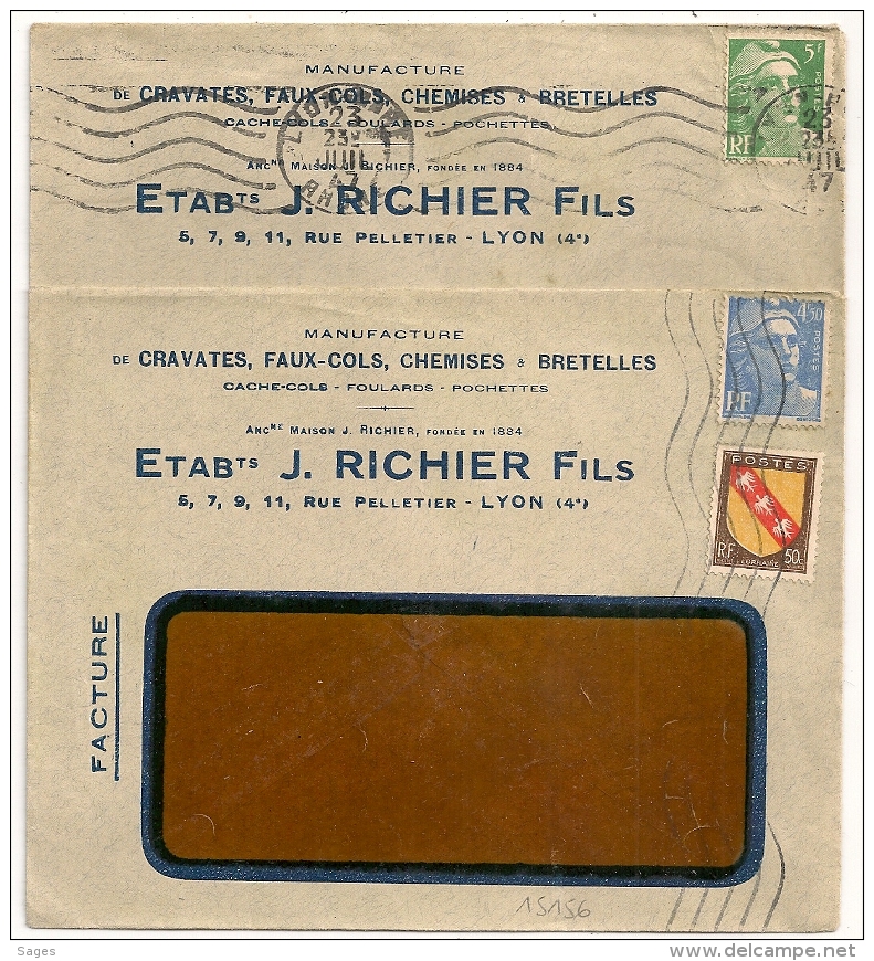 Tarif Imprimés 5F. Lyon Rhone.Manufacture RICHIER. 2 Enveloppes Ouvertes. - 1921-1960: Période Moderne