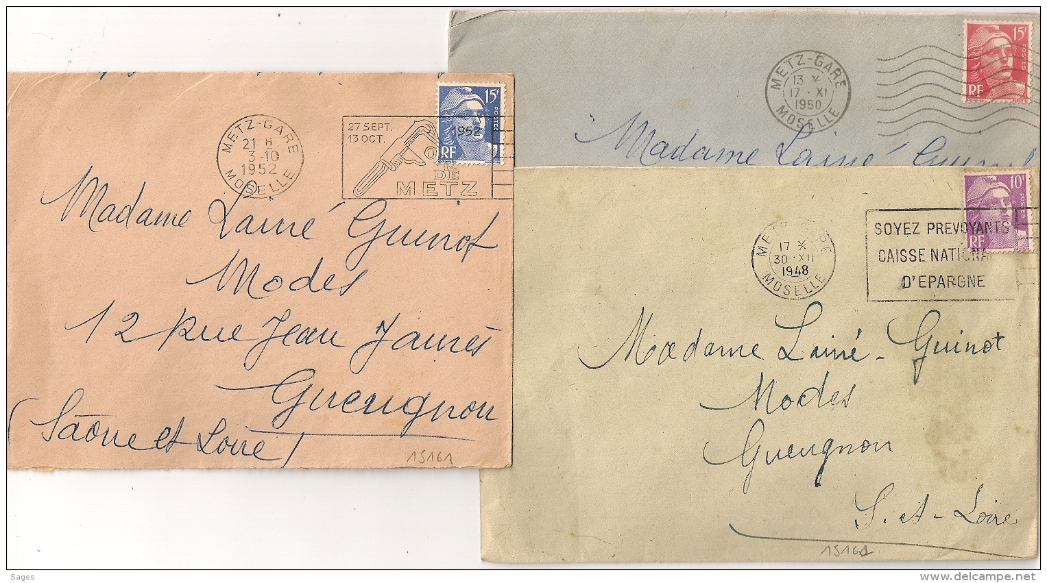 METZ GARE Moselle Sur 3 Enveloppes. 1948, 1950 Et 1952. - Oblitérations Mécaniques (flammes)