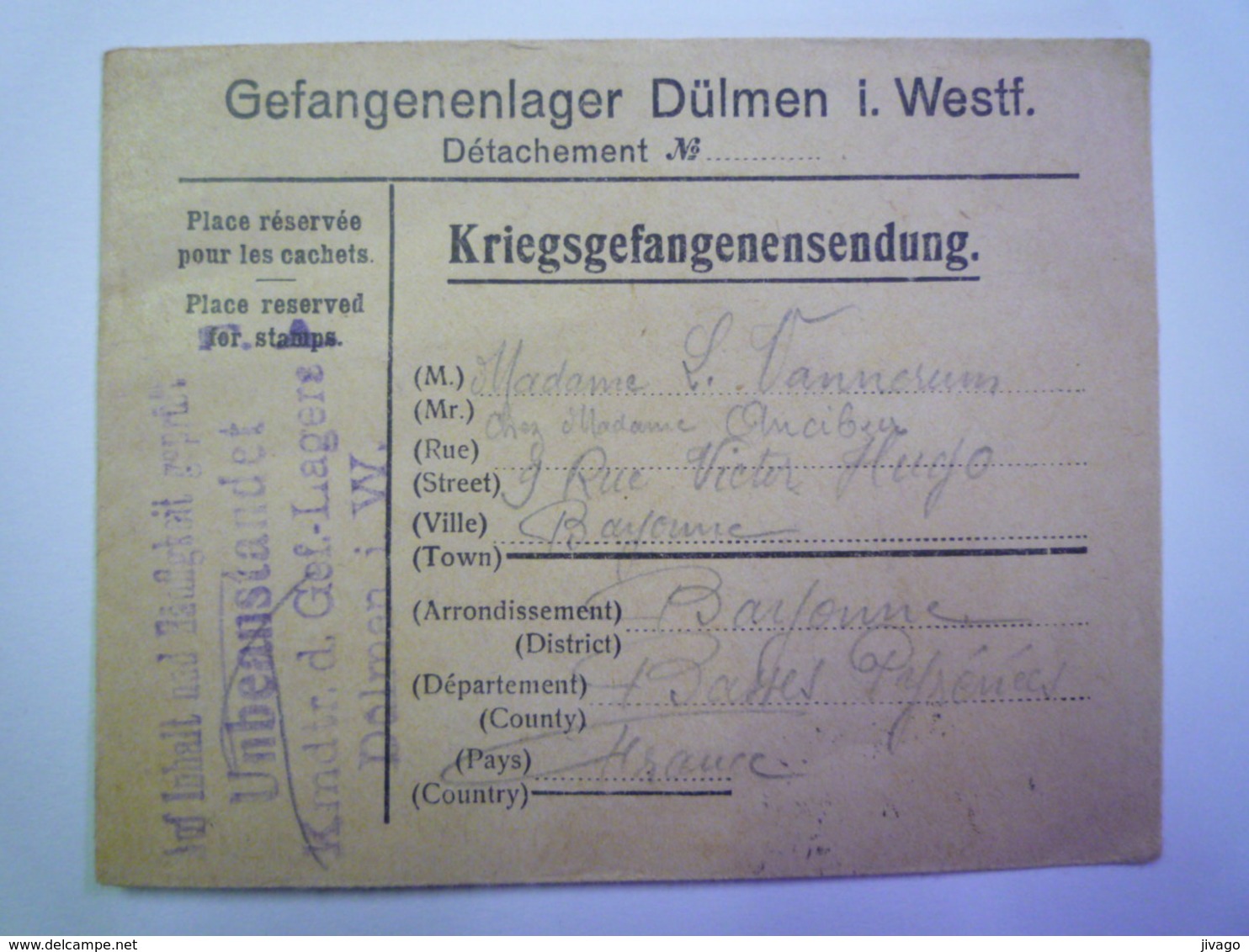 Kriegsgefangenensendung  Au Départ De  DÜLMEN  à Destination De  BAYONNE    - Dülmen