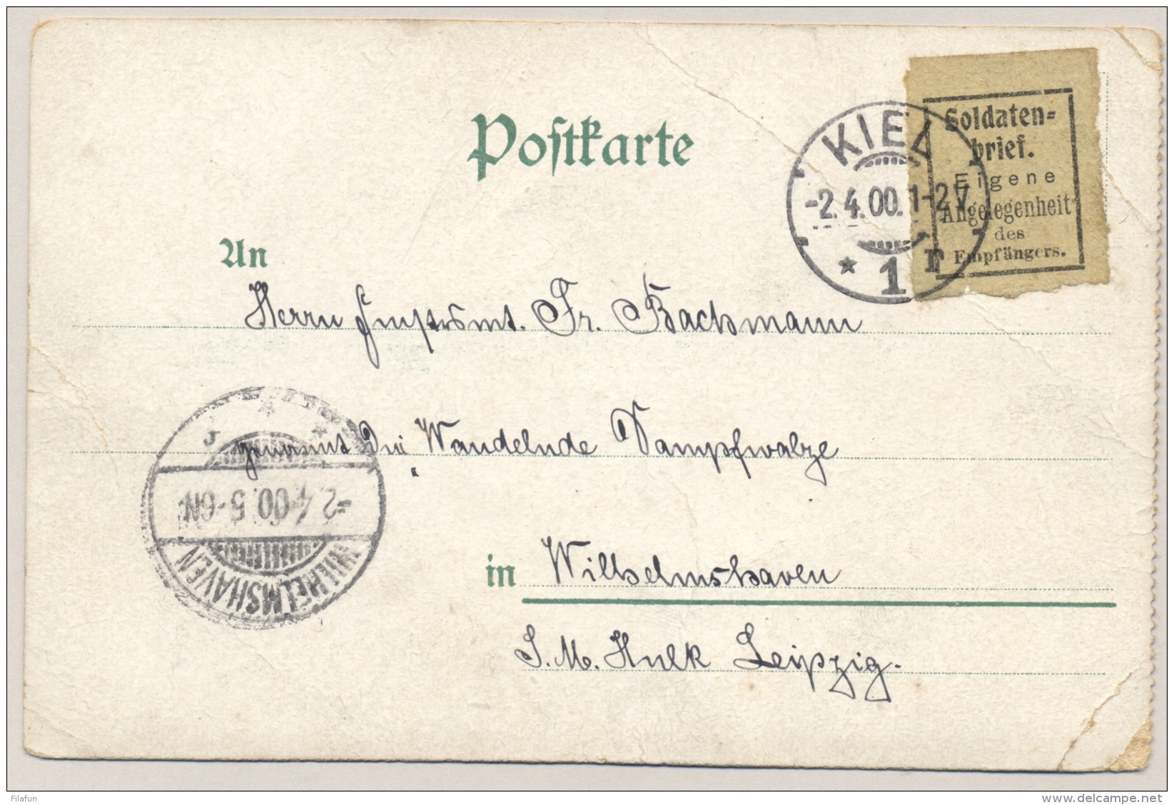 Deutsches Reich - 1900 - Postkarte Mit Soldaten Brief Eigene Angelegenheit Des Empfängers From Kiel To Wilhelmshafen - Brieven En Documenten